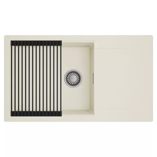 HD Onyx White 86-XL egymedencés mosogatótálca szett, matt fekete csepegtetőráccsal, csepegtetőtálcával, tört fehér színben