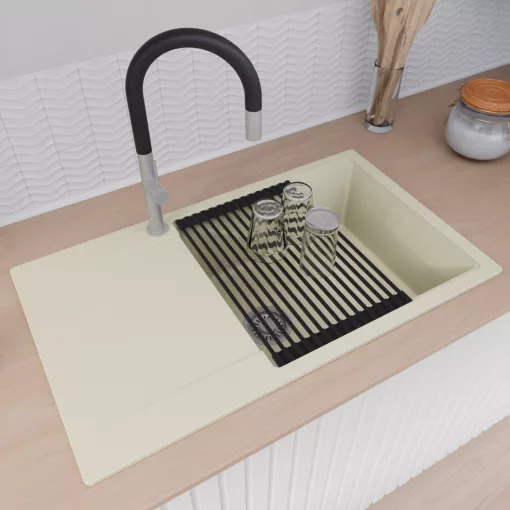 HD Onyx White 86-XL egymedencés mosogatótálca szett, matt fekete csepegtetőráccsal, csepegtetőtálcával, tört fehér színben