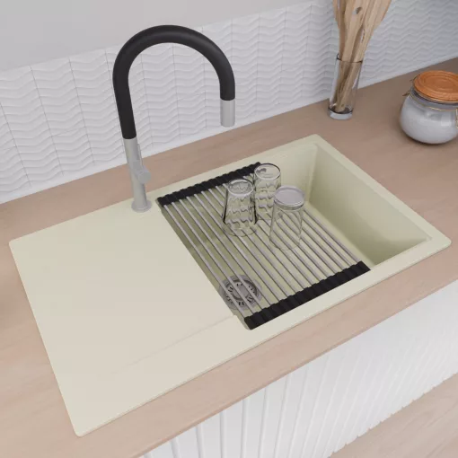 HD Onyx White 86-XL egymedencés mosogatótálca szett, acél csepegtetőráccsal és matt fekete kosárral, csepegtetőtálcával, tört fehér színben