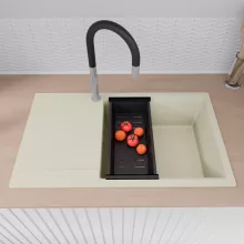 HD Onyx White 86-XL egymedencés mosogatótálca szett, acél csepegtetőráccsal és matt fekete kosárral, csepegtetőtálcával, tört fehér színben