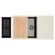 HD Onyx White 86-XL egymedencés mosogatótálca szett, vágódeszkával, matt fekete csepegtetőráccsal és kosárral, csepegtetőtálcával, tört fehér színben