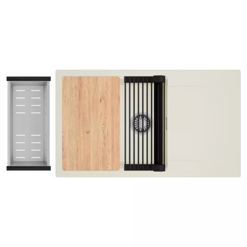 HD Onyx White 86-XL egymedencés mosogatótálca szett, vágódeszkával, matt fekete csepegtetőráccsal és krómozott kosárral, csepegtetőtálcával, tört fehér színben