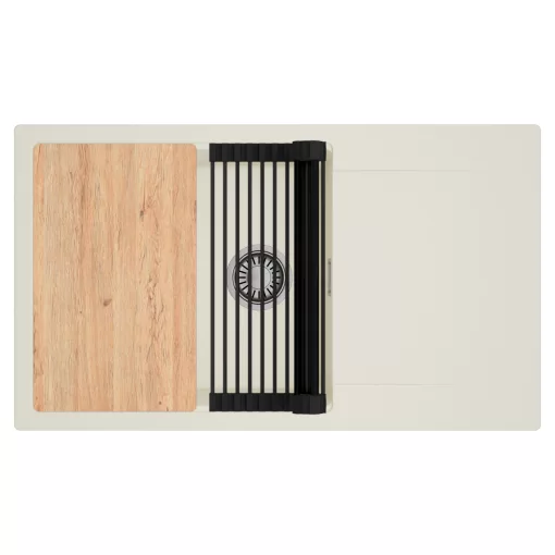 HD Onyx White 86-XL egymedencés mosogatótálca szett, vágódeszkával, matt fekete csepegtetőráccsal, csepegtetőtálcával, tört fehér színben