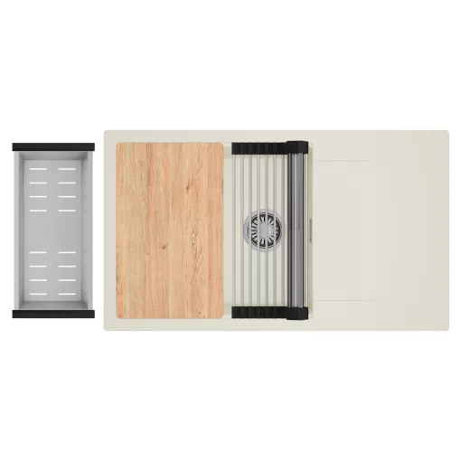 HD Onyx White 86-XL egymedencés mosogatótálca szett, vágódeszkával, acél csepegtetőráccsal és kosárral, csepegtetőtálcával, tört fehér színben