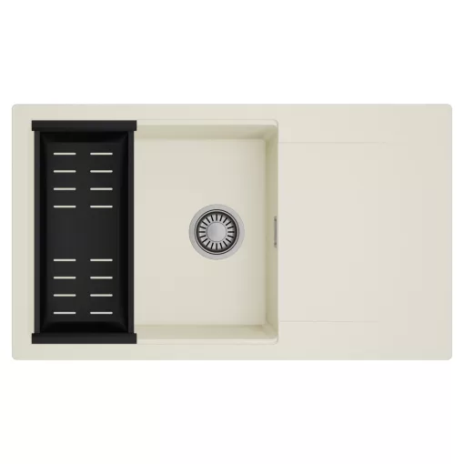 HD Onyx White 86-XL egymedencés mosogatótálca szett, matt fekete csepegtetőkosárral, csepegtetőtálcával, tört fehér színben