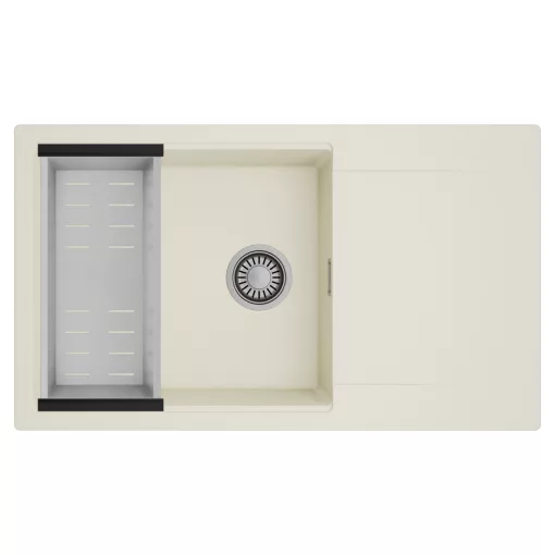 HD Onyx White 86-XL egymedencés mosogatótálca szett, acél csepegtetőkosárral, csepegtetőtálcával, tört fehér színben