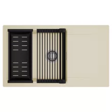 HD Onyx Beige 86-XL egymedencés mosogatótálca szett, matt fekete csepegtetőráccsal és kosárral, csepegtetőtálcával, soft bézs színben, szálcsiszolt króm leeresztő szifonnal