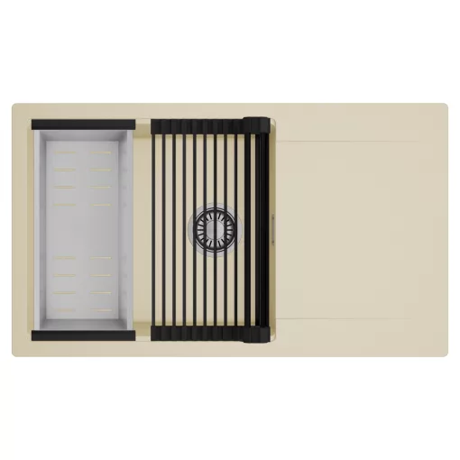 HD Onyx Beige 86-XL egymedencés mosogatótálca szett, matt fekete csepegtetőráccsal és krómozott kosárral, csepegtetőtálcával, soft bézs színben, szálcsiszolt króm leeresztő szifonnal