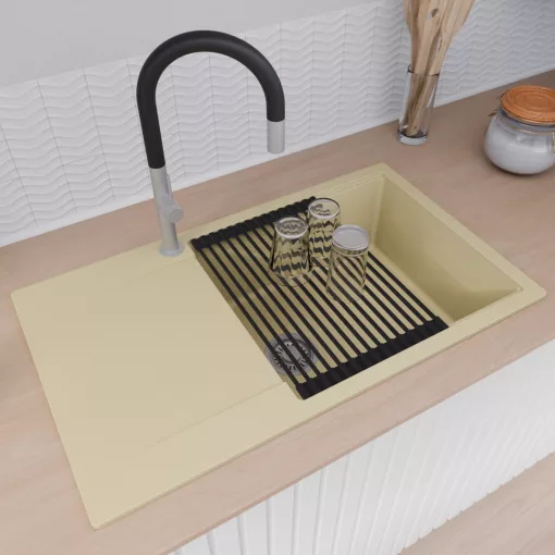 HD Onyx Beige 86-XL egymedencés mosogatótálca szett, matt fekete csepegtetőráccsal és krómozott kosárral, csepegtetőtálcával, soft bézs színben, szálcsiszolt króm leeresztő szifonnal