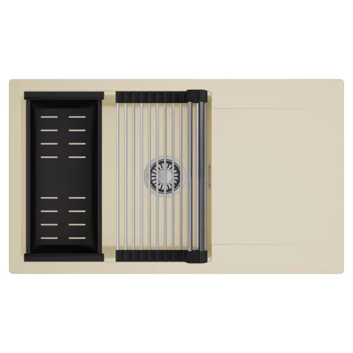 HD Onyx Beige 86-XL egymedencés mosogatótálca szett, acél csepegtetőráccsal és matt fekete kosárral, csepegtetőtálcával, soft bézs színben, szálcsiszolt króm leeresztő szifonnal