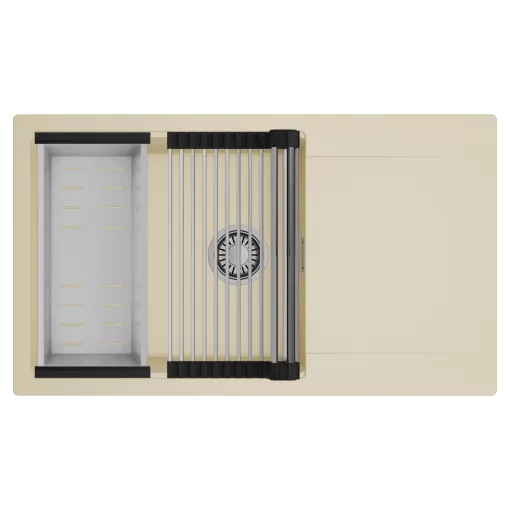 HD Onyx Beige 86-XL egymedencés mosogatótálca szett, acél csepegtetőráccsal és kosárral, csepegtetőtálcával, soft bézs színben, szálcsiszolt króm leeresztő szifonnal