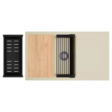 HD Onyx Beige 86-XL egymedencés gránit mosogatótálca szett, csepegtetőtálcával, vágódeszkával, matt fekete csepegtetőráccsal és kosárral, soft bézs színben, szálcsiszolt króm leeresztő szifonnal