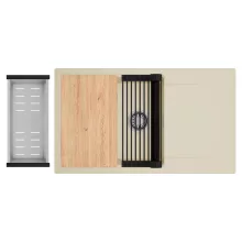 HD Onyx Beige 86-XL egymedencés gránit mosogatótálca szett, csepegtetőtálcával, vágódeszkával, matt fekete csepegtetőráccsal és krómozott kosárral, soft bézs színben, szálcsiszolt króm leeresztő szifonnal