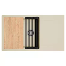 HD Onyx Beige 86-XL egymedencés gránit mosogatótálca szett, csepegtetőtálcával, vágódeszkával, matt fekete csepegtetőráccsal, soft bézs színben, szálcsiszolt króm leeresztő szifonnal