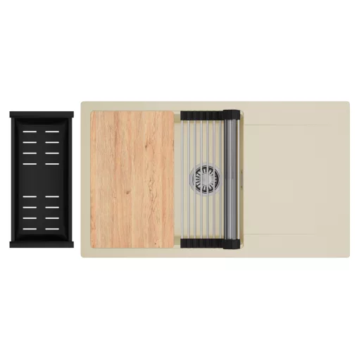 HD Onyx Beige 86-XL egymedencés gránit mosogatótálca szett, csepegtetőtálcával, vágódeszkával, acél csepegtetőráccsal és matt fekete kosárral, soft bézs színben, szálcsiszolt króm leeresztő szifonnal