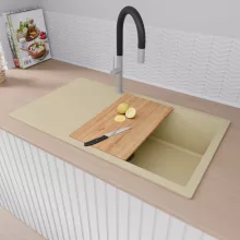 HD Onyx Beige 86-XL egymedencés gránit mosogatótálca szett, csepegtetőtálcával, vágódeszkával, acél csepegtetőráccsal és matt fekete kosárral, soft bézs színben, szálcsiszolt króm leeresztő szifonnal