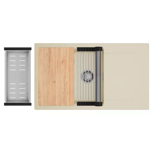 HD Onyx Beige 86-XL egymedencés gránit mosogatótálca szett, csepegtetőtálcával, vágódeszkával, acél csepegtetőráccsal és kosárral, soft bézs színben, szálcsiszolt króm leeresztő szifonnal