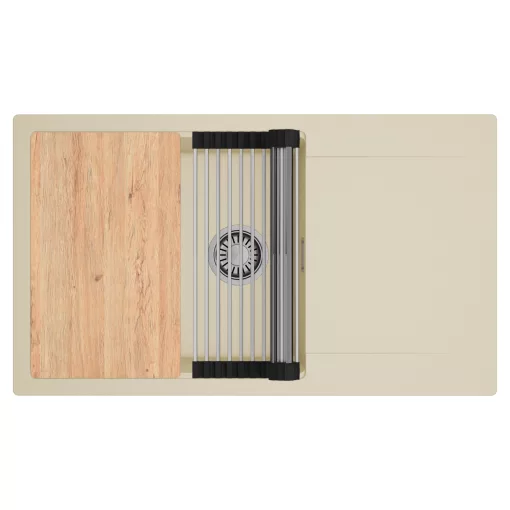 HD Onyx Beige 86-XL egymedencés gránit mosogatótálca szett, csepegtetőtálcával, vágódeszkával, acél csepegtetőráccsal, soft bézs színben, szálcsiszolt króm leeresztő szifonnal