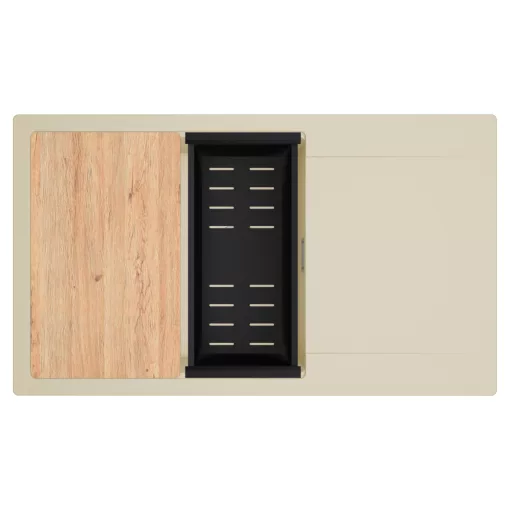 HD Onyx Beige 86-XL egymedencés gránit mosogatótálca szett, csepegtetőtálcával, vágódeszkával, matt fekete csepegtetőkosárral, soft bézs színben, szálcsiszolt króm leeresztő szifonnal