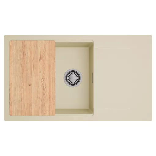 HD Onyx Beige 86-XL egymedencés gránit mosogatótálca, vágódeszkával, soft bézs színben, szálcsiszolt króm leeresztő szifonnal