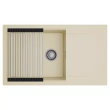 HD Onyx Beige 86-XL egymedencés mosogatótálca szett, acél csepegtetőráccsal, csepegtetőtálcával, soft bézs színben, szálcsiszolt króm leeresztő szifonnal