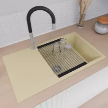 HD Onyx Beige 86-XL egymedencés mosogatótálca szett, acél csepegtetőráccsal, csepegtetőtálcával, soft bézs színben, szálcsiszolt króm leeresztő szifonnal