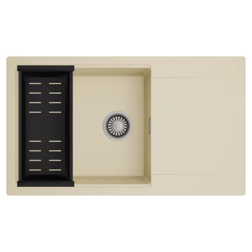 HD Onyx Beige 86-XL egymedencés mosogatótálca szett, matt fekete csepegtetőkosárral, csepegtetőtálcával, soft bézs színben, szálcsiszolt króm leeresztő szifonnal