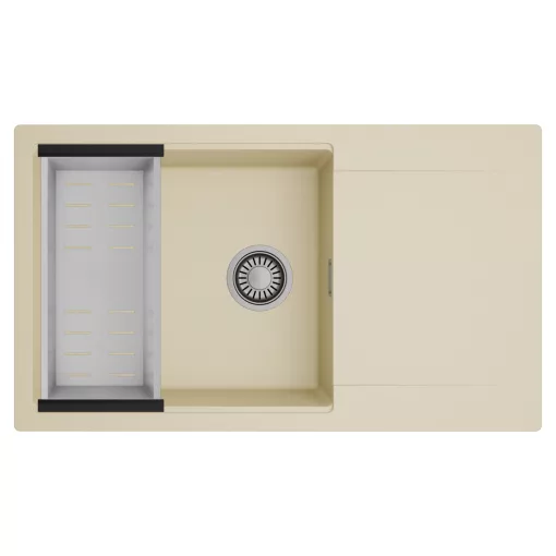 HD Onyx Beige 86-XL egymedencés mosogatótálca szett, acél csepegtetőkosárral, csepegtetőtálcával, soft bézs színben, szálcsiszolt króm leeresztő szifonnal