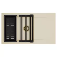 HD Onyx Beige 86-XL egymedencés mosogatótálca szett, matt fekete csepegtetőráccsal és kosárral, csepegtetőtálcával, soft bézs színben, szálcsiszolt arany leeresztő szifonnal