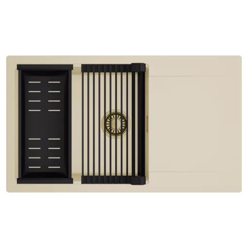HD Onyx Beige 86-XL egymedencés mosogatótálca szett, matt fekete csepegtetőráccsal és kosárral, csepegtetőtálcával, soft bézs színben, szálcsiszolt arany leeresztő szifonnal