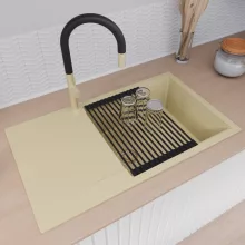 HD Onyx Beige 86-XL egymedencés mosogatótálca szett, matt fekete csepegtetőráccsal és kosárral, csepegtetőtálcával, soft bézs színben, szálcsiszolt arany leeresztő szifonnal