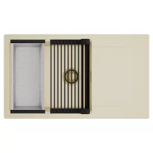 HD Onyx Beige 86-XL egymedencés mosogatótálca szett, matt fekete csepegtetőráccsal és krómozott kosárral, csepegtetőtálcával, soft bézs színben, szálcsiszolt arany leeresztő szifonnal