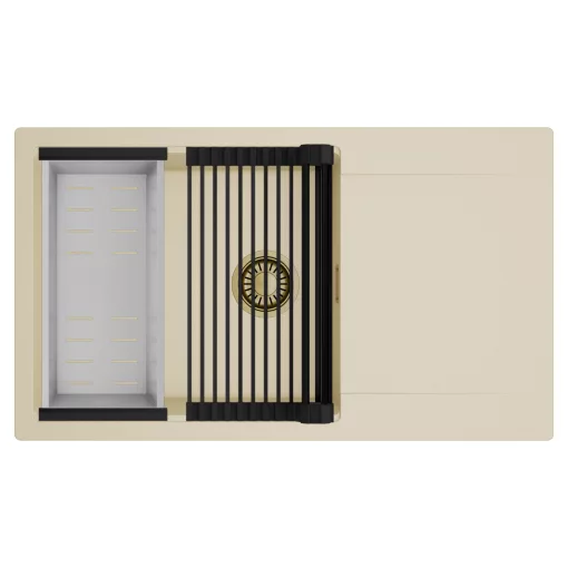 HD Onyx Beige 86-XL egymedencés mosogatótálca szett, matt fekete csepegtetőráccsal és krómozott kosárral, csepegtetőtálcával, soft bézs színben, szálcsiszolt arany leeresztő szifonnal
