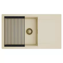 HD Onyx Beige 86-XL egymedencés mosogatótálca szett, matt fekete csepegtetőráccsal, csepegtetőtálcával, soft bézs színben, szálcsiszolt arany leeresztő szifonnal