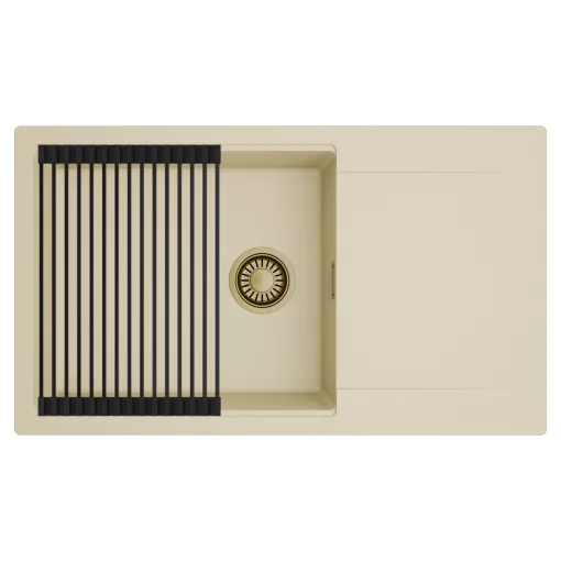HD Onyx Beige 86-XL egymedencés mosogatótálca szett, matt fekete csepegtetőráccsal, csepegtetőtálcával, soft bézs színben, szálcsiszolt arany leeresztő szifonnal