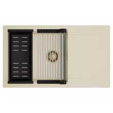 HD Onyx Beige 86-XL egymedencés mosogatótálca szett, acél csepegtetőráccsal és matt fekete kosárral, csepegtetőtálcával, soft bézs színben, szálcsiszolt arany leeresztő szifonnal