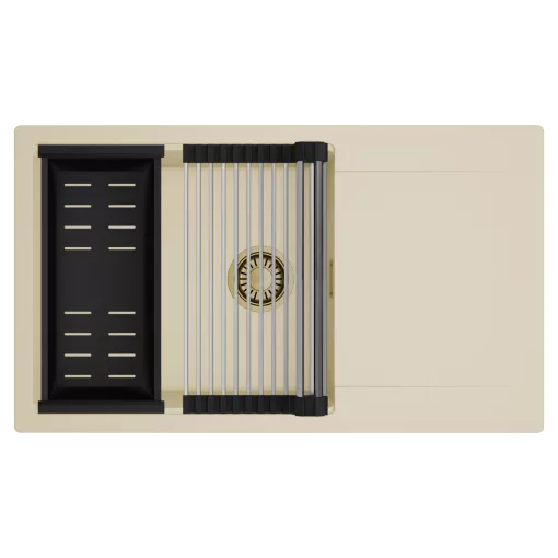 HD Onyx Beige 86-XL egymedencés mosogatótálca szett, acél csepegtetőráccsal és matt fekete kosárral, csepegtetőtálcával, soft bézs színben, szálcsiszolt arany leeresztő szifonnal