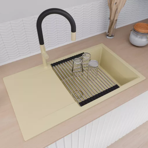 HD Onyx Beige 86-XL egymedencés mosogatótálca szett, acél csepegtetőráccsal és matt fekete kosárral, csepegtetőtálcával, soft bézs színben, szálcsiszolt arany leeresztő szifonnal