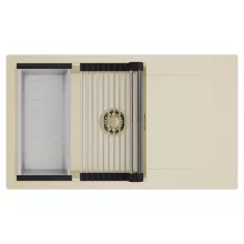 HD Onyx Beige 86-XL egymedencés mosogatótálca szett, acél csepegtetőráccsal és kosárral, csepegtetőtálcával, soft bézs színben, szálcsiszolt arany leeresztő szifonnal