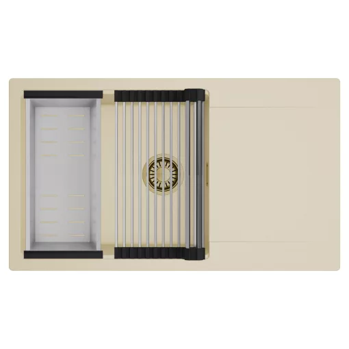 HD Onyx Beige 86-XL egymedencés mosogatótálca szett, acél csepegtetőráccsal és kosárral, csepegtetőtálcával, soft bézs színben, szálcsiszolt arany leeresztő szifonnal