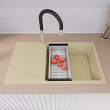 HD Onyx Beige 86-XL egymedencés mosogatótálca szett, acél csepegtetőráccsal és kosárral, csepegtetőtálcával, soft bézs színben, szálcsiszolt arany leeresztő szifonnal