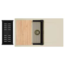 HD Onyx Beige 86-XL egymedencés gránit mosogatótálca szett, csepegtetőtálcával, vágódeszkával, matt fekete csepegtetőráccsal és kosárral, soft bézs színben, szálcsiszolt arany leeresztő szifonnal