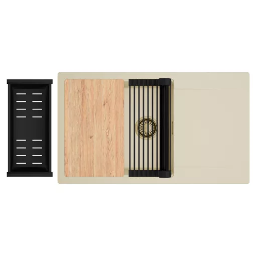 HD Onyx Beige 86-XL egymedencés gránit mosogatótálca szett, csepegtetőtálcával, vágódeszkával, matt fekete csepegtetőráccsal és kosárral, soft bézs színben, szálcsiszolt arany leeresztő szifonnal