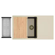 HD Onyx Beige 86-XL egymedencés gránit mosogatótálca szett, csepegtetőtálcával, vágódeszkával, matt fekete csepegtetőráccsal és krómozott kosárral, soft bézs színben, szálcsiszolt arany leeresztő szifonnal