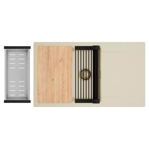 HD Onyx Beige 86-XL egymedencés gránit mosogatótálca szett, csepegtetőtálcával, vágódeszkával, matt fekete csepegtetőráccsal és krómozott kosárral, soft bézs színben, szálcsiszolt arany leeresztő szifonnal
