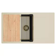 HD Onyx Beige 86-XL egymedencés gránit mosogatótálca szett, csepegtetőtálcával, vágódeszkával, matt fekete csepegtetőráccsal, soft bézs színben, szálcsiszolt arany leeresztő szifonnal