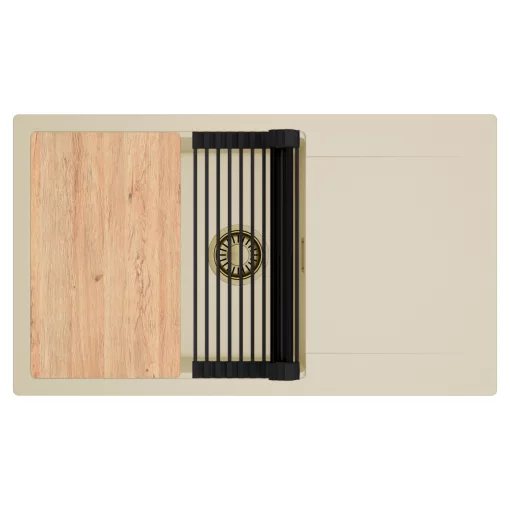 HD Onyx Beige 86-XL egymedencés gránit mosogatótálca szett, csepegtetőtálcával, vágódeszkával, matt fekete csepegtetőráccsal, soft bézs színben, szálcsiszolt arany leeresztő szifonnal