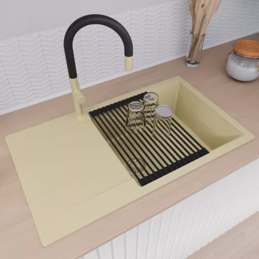 HD Onyx Beige 86-XL egymedencés gránit mosogatótálca szett, csepegtetőtálcával, vágódeszkával, matt fekete csepegtetőráccsal, soft bézs színben, szálcsiszolt arany leeresztő szifonnal