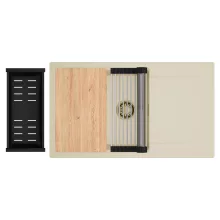 HD Onyx Beige 86-XL egymedencés gránit mosogatótálca szett, csepegtetőtálcával, vágódeszkával, acél csepegtetőráccsal és matt fekete kosárral, soft bézs színben, szálcsiszolt arany leeresztő szifonnal