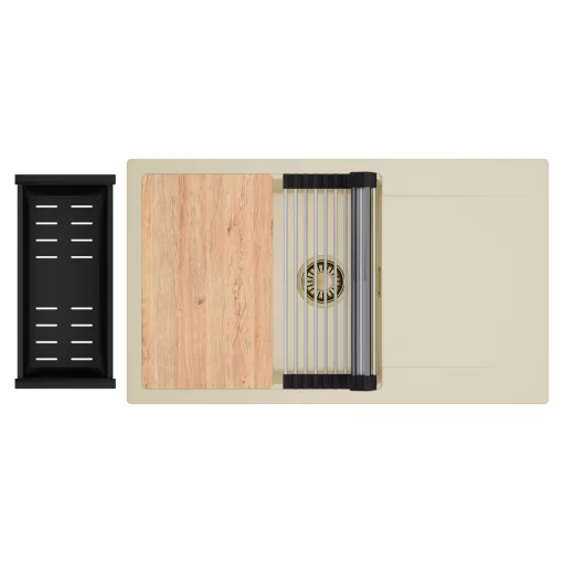 HD Onyx Beige 86-XL egymedencés gránit mosogatótálca szett, csepegtetőtálcával, vágódeszkával, acél csepegtetőráccsal és matt fekete kosárral, soft bézs színben, szálcsiszolt arany leeresztő szifonnal